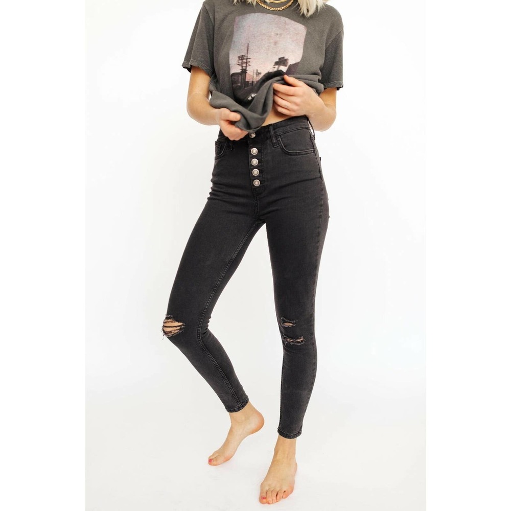 Free People Sabrina Button Front High Waisted Skinny Washed Black Size 26